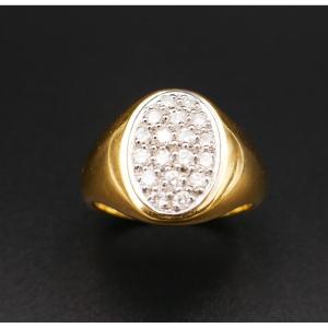 Bague Chevalière Diamants, Or Jaune 18 Carats.