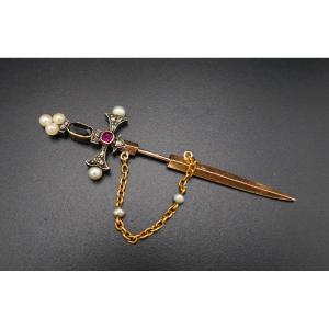 Gold Pearl And Diamond Sword Brooch.