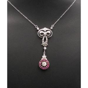 Collier Art Déco Diamants Et Rubis Calibrés.