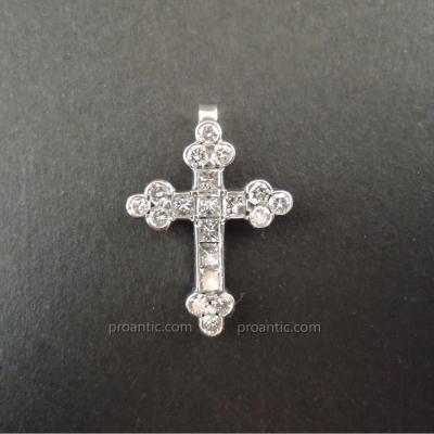 Princess And Brilliant Cut Diamond Cross, 18 Carat White Gold.