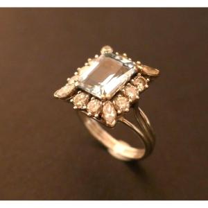 Art Deco Ring In Platinum, Aquamarine And Diamonds.