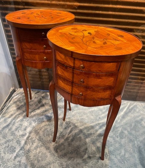 Pair Of Bedside Tables With Flower Marquetry On A Rosewood Background