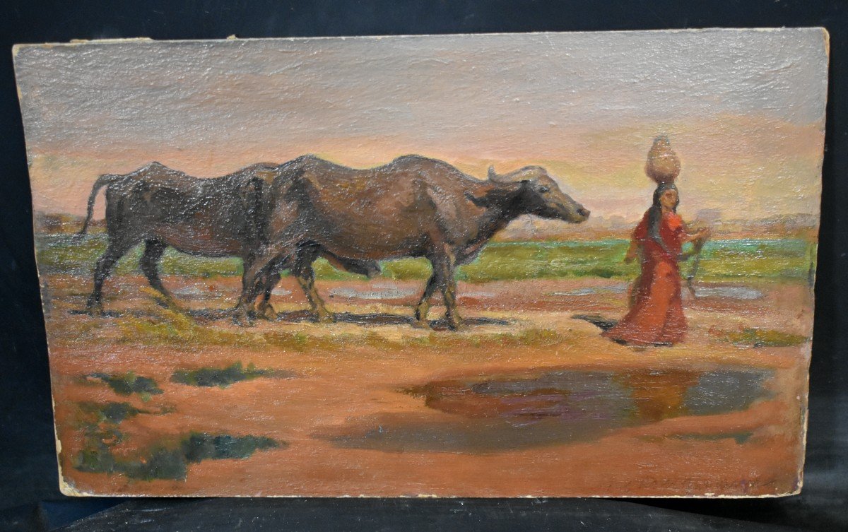 Landscape Oil Painting Animated India Signed Robert Hofmann (1889-1987)-photo-1