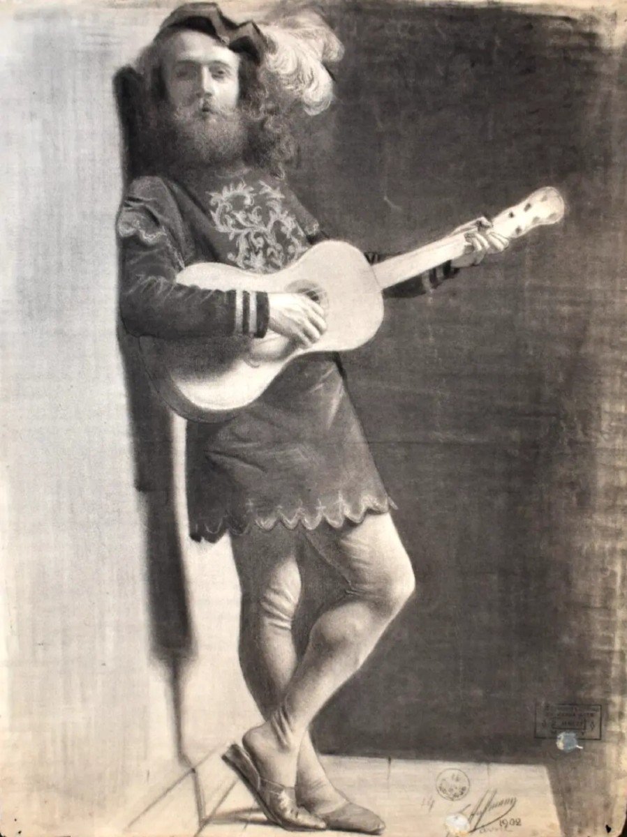 Tableau dessin Troubadour à La Guitare Académique Signé Gaston HOFFMANN (1883-c.1960)-photo-2