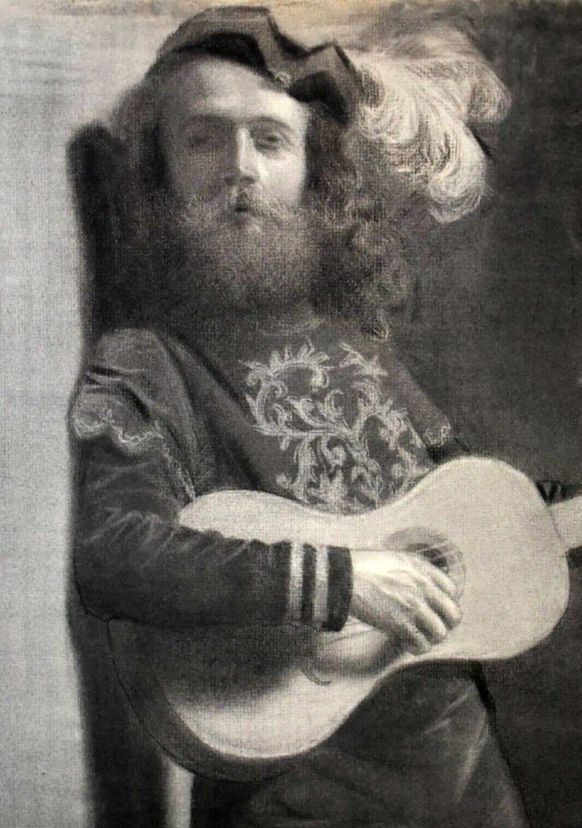 Tableau dessin Troubadour à La Guitare Académique Signé Gaston HOFFMANN (1883-c.1960)-photo-4