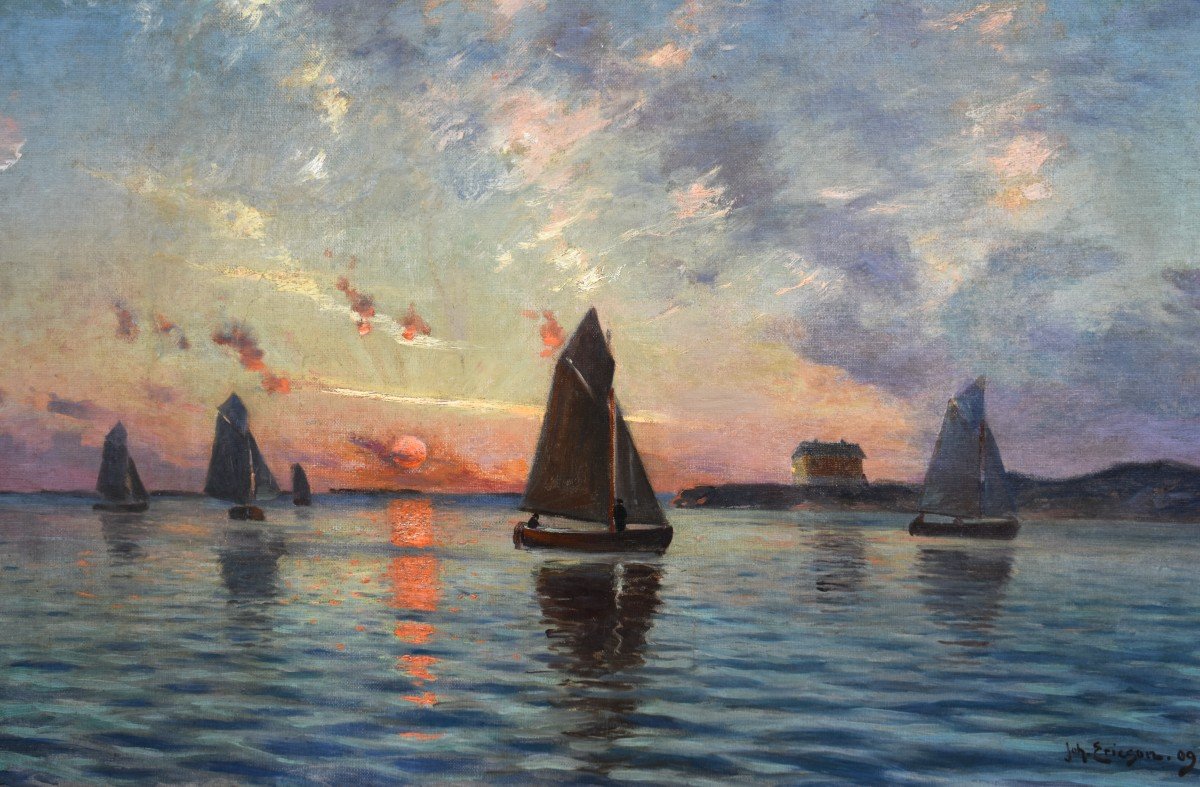 Painting Seascape Boats Sunset Signed Johan Erik Ericson (1849-1925)-photo-2