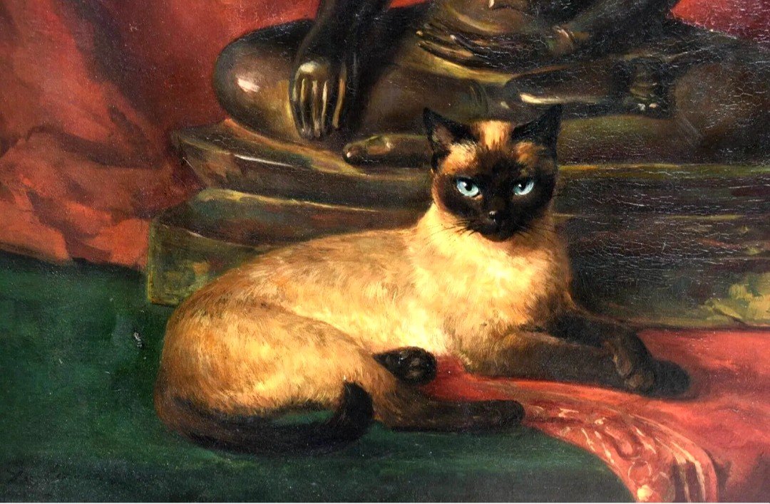 Oil Painting Siamese Cat And Buddha Signed Yvonne Laur (1879-1943) 20th-photo-4