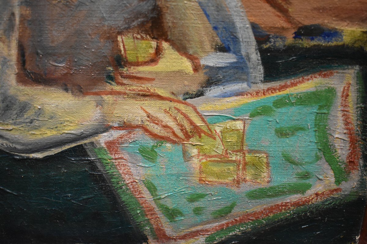 Tableau Huile Scène De Genre La Partie De Cartes Signé Max Papart (1911-1994)-photo-3