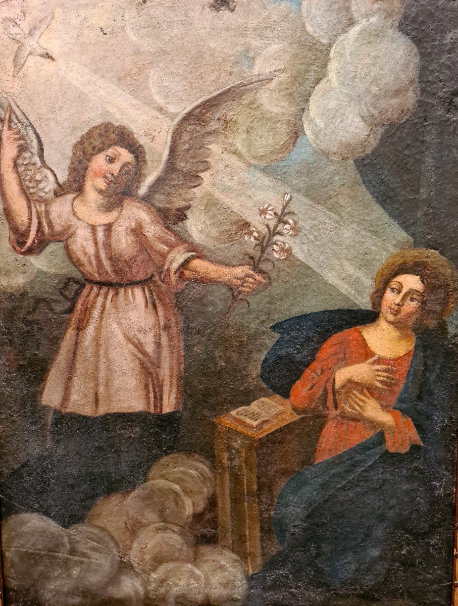 Old Oil Painting The Annunciation Italian School 17th Century Period-photo-2