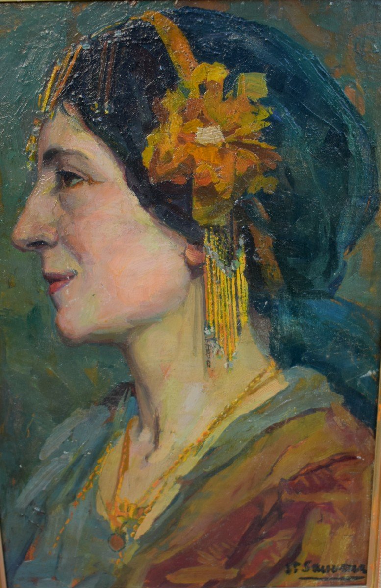 Oil Painting Portrait Profile Of Lady With Jewelry Signed Art Nouveau Period 1900-photo-2
