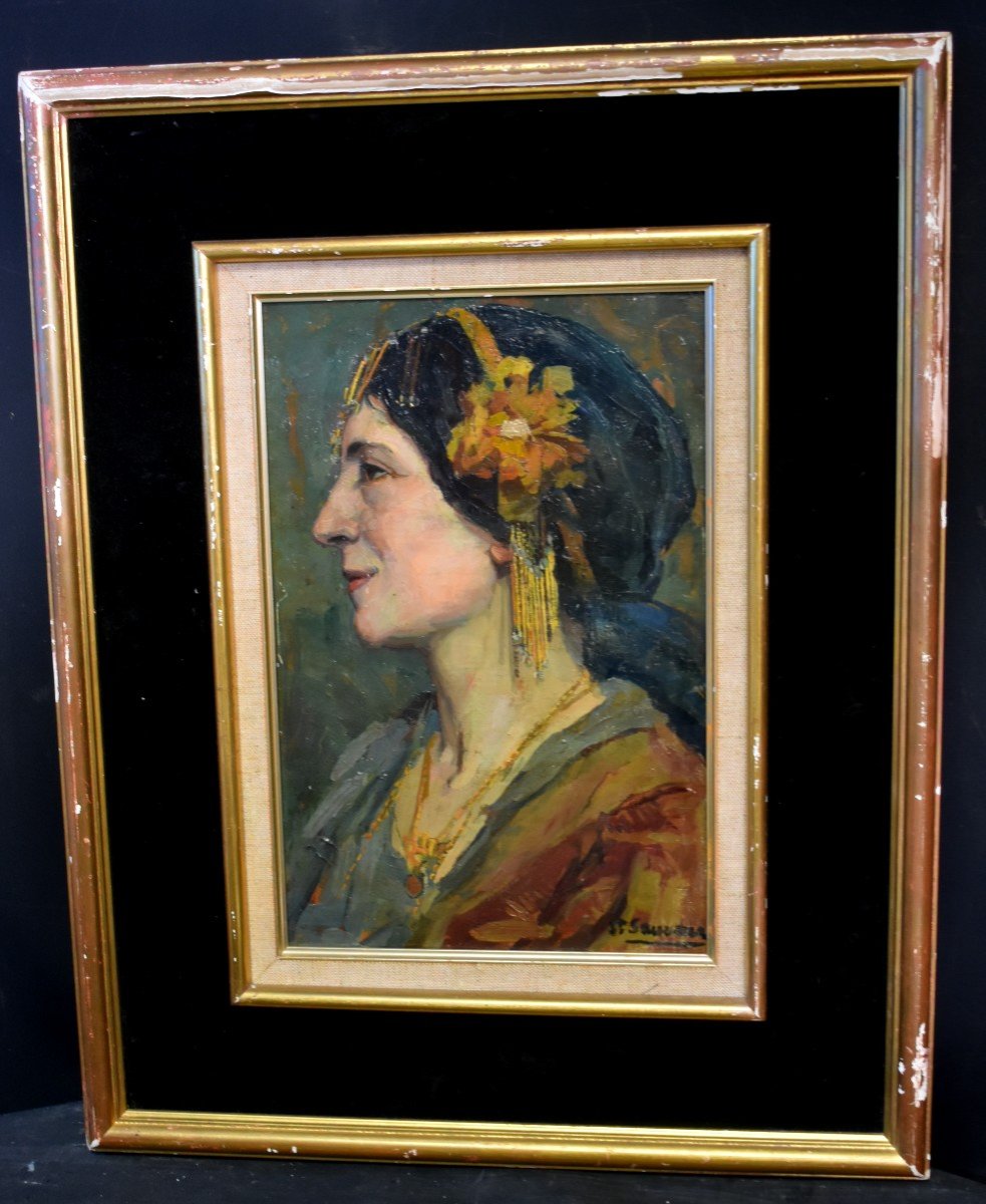 Oil Painting Portrait Profile Of Lady With Jewelry Signed Art Nouveau Period 1900