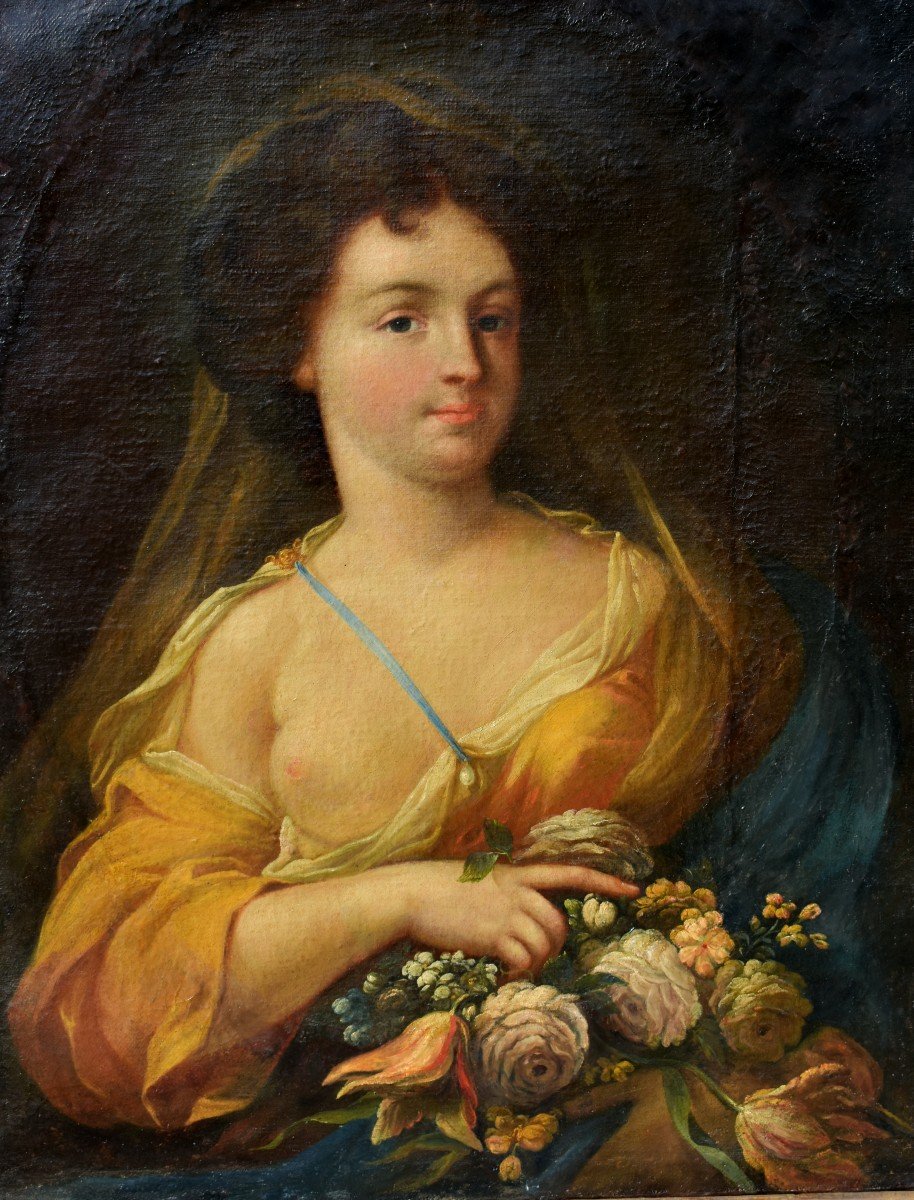 Painting Portrait Lady Quality Bouquet Flowers Breastless Largillière XVIIIth-photo-2