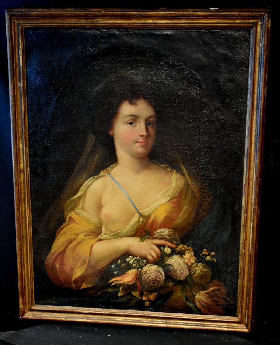 Tableau Portrait Dame De Qualité Bouquet Fleurs Sein Nu Largillière XVIIIème