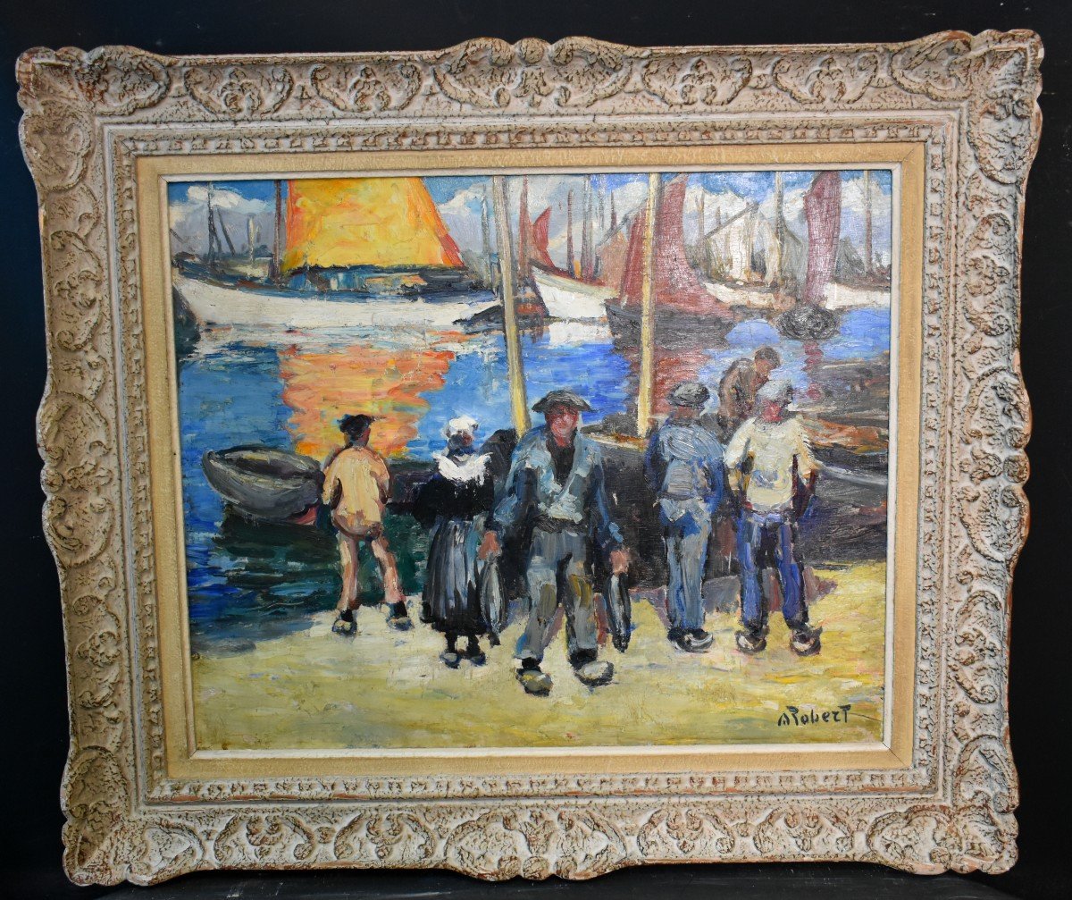 Tableau Huile Bord De Mer Retour De Pêche Signé Robert Début XXème