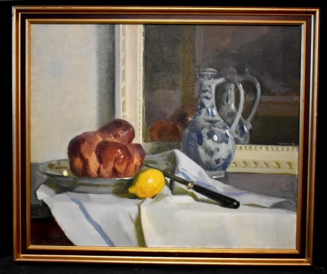 Tableau Huile Scène De Genre à La Brioche Signé Paul Jean Hugues (1891-1950)