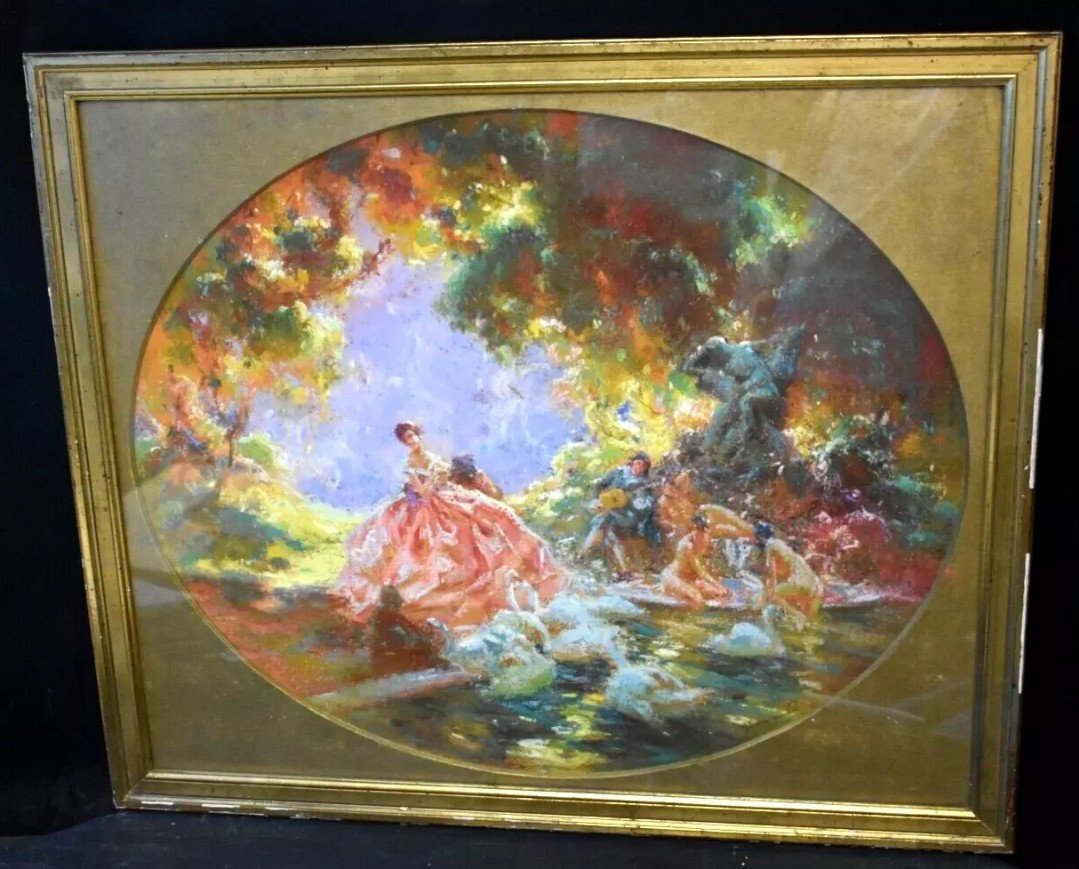 Tableau Huile Scène Galante Nymphes Cygnes Signé G.stelly Desmoulins (1882-1959)-photo-1