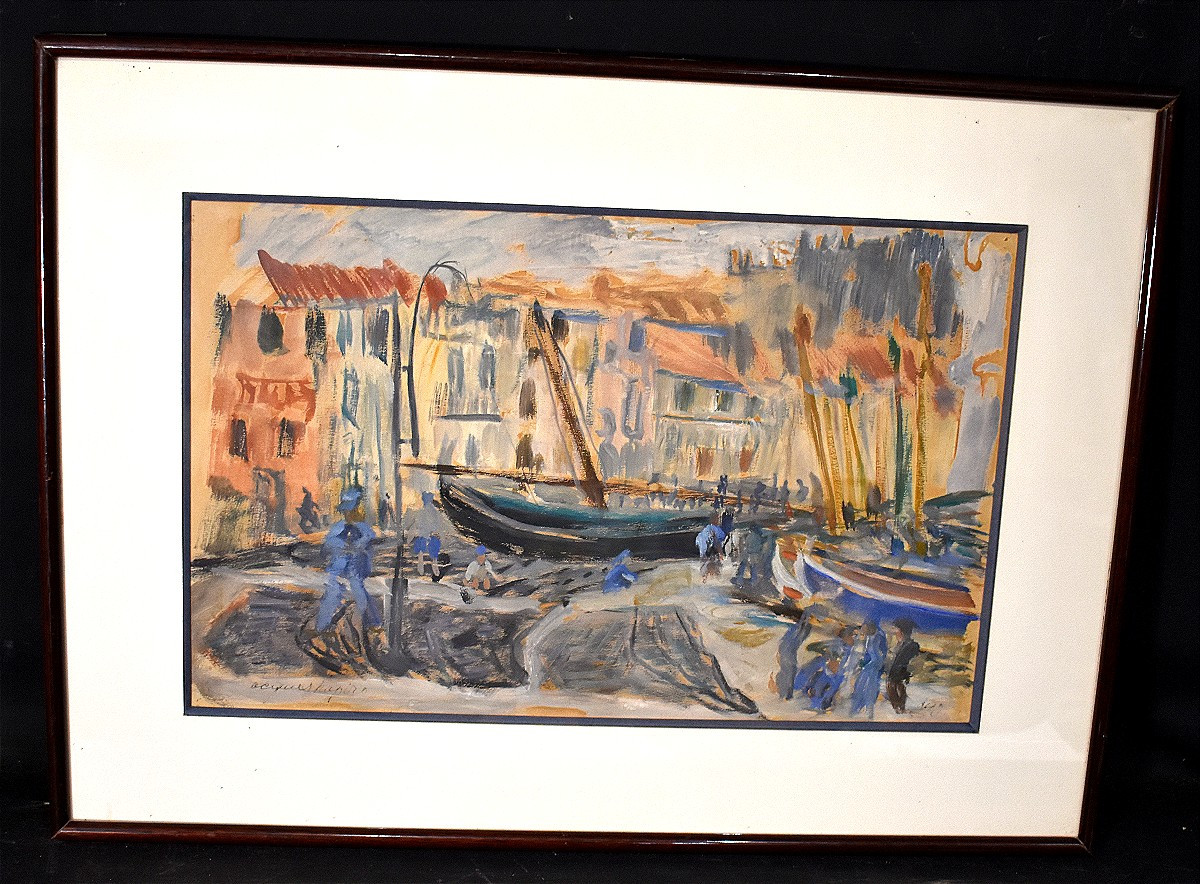 Mixed Media Painting Port Collioure Animated Signed Jacques Chapiro (1897-1972)