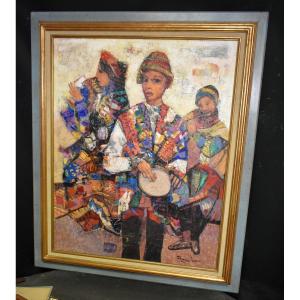 Oil Painting Moroccan Characters Musicians Signed Samuel Azuelos (1930)