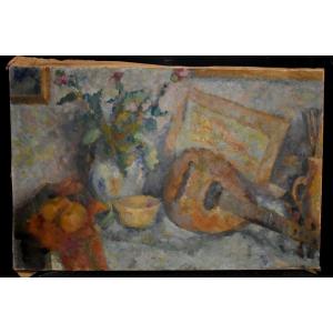 Still Life Painting With Fruits And Mandolin Paris School Signed Early 20th Century