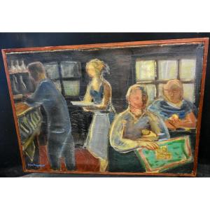 Oil Painting Genre Scene The Game Of Cards Signed Max Papart (1911-1994)