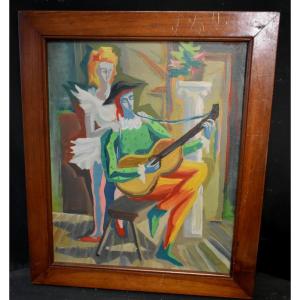 Oil Painting Guitar Player And Ballerina French School 20th