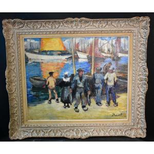 Seaside Oil Painting Return From Fishing Signed Robert Early 20th Century