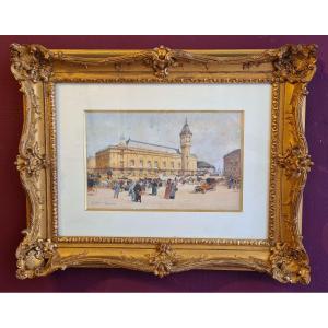 Painting Animated View Of The Gare De Lyon In Paris Signed Eugène Galien-laloue 19th Century