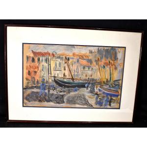 Mixed Media Painting Port Collioure Animated Signed Jacques Chapiro (1897-1972)