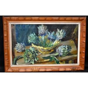 Oil On Canvas Painting Still Life With Artichokes Signed Jacques Chapiro (1897-1972)