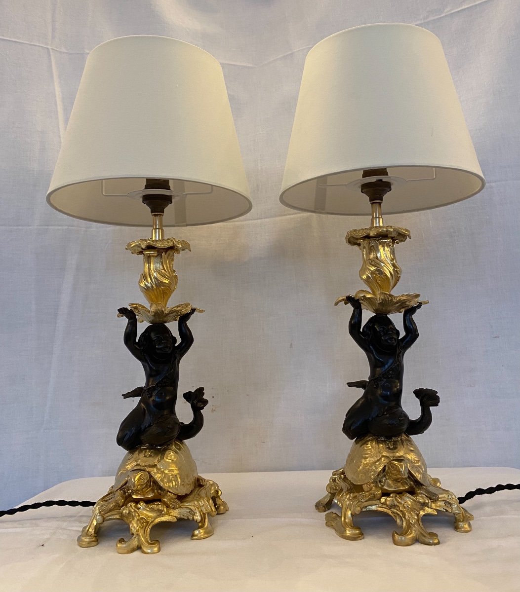 Pair Of Triton Lamps In Bronze-photo-2