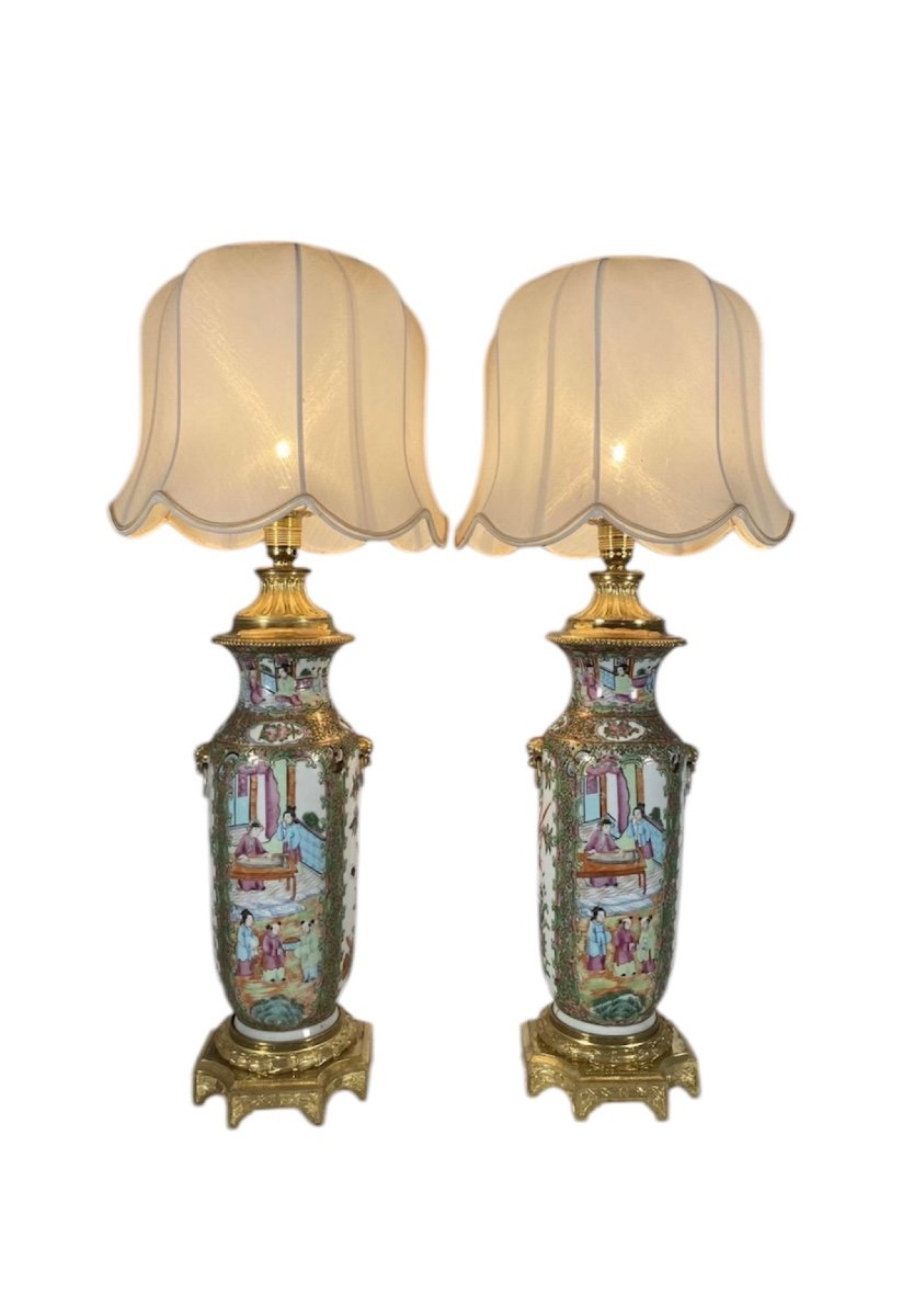 Pair Of Canton Porcelain And Gilt Bronze Lamps 