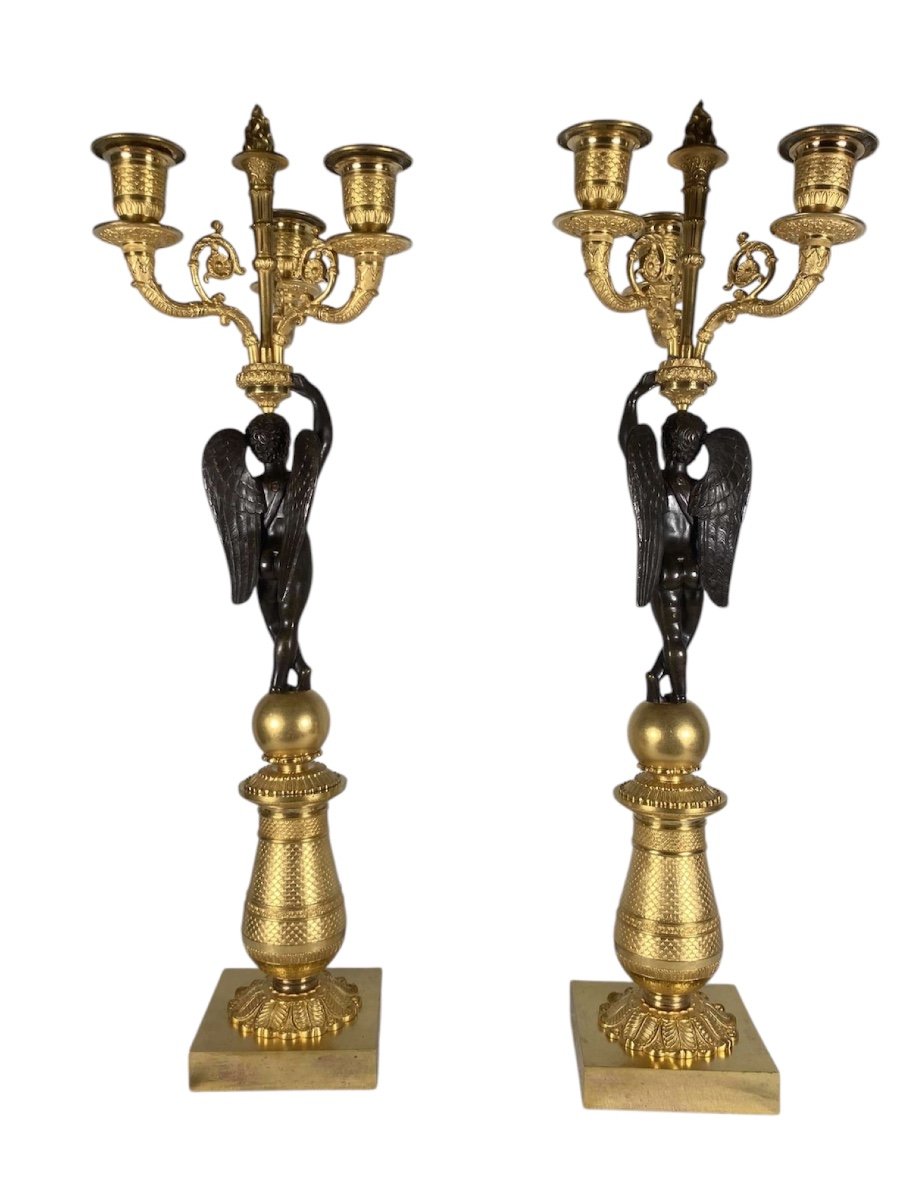 Pair Of Restoration Period Candelabra In Gilt Bronze And Brown Patina -photo-2