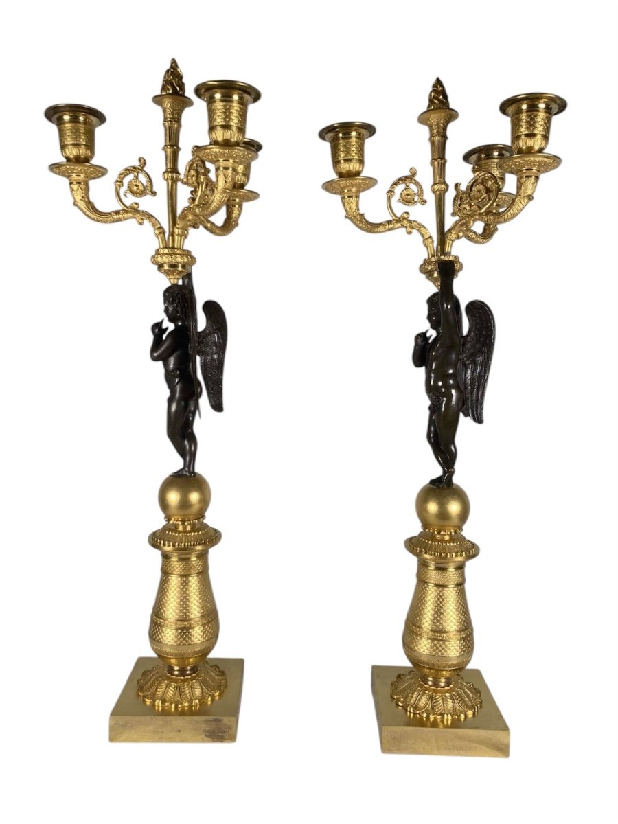 Pair Of Restoration Period Candelabra In Gilt Bronze And Brown Patina -photo-3