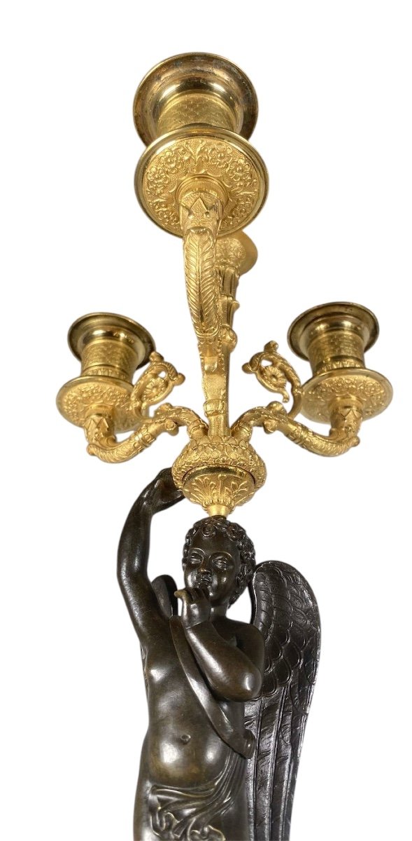 Pair Of Restoration Period Candelabra In Gilt Bronze And Brown Patina -photo-5