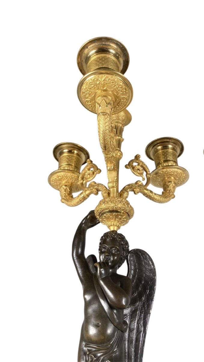 Pair Of Restoration Period Candelabra In Gilt Bronze And Brown Patina -photo-6