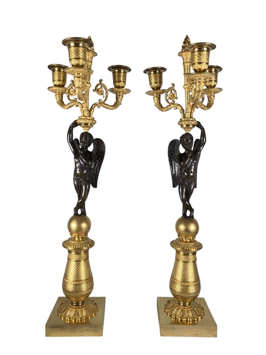 Pair Of Restoration Period Candelabra In Gilt Bronze And Brown Patina 