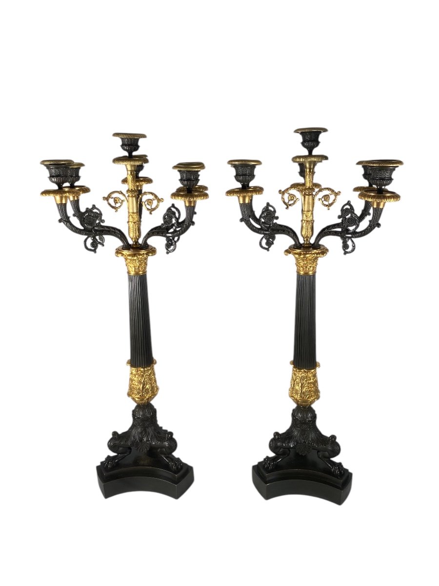 Pair Of Gilt Bronze Candelabras With Brown Patina From The Restoration Period-photo-2