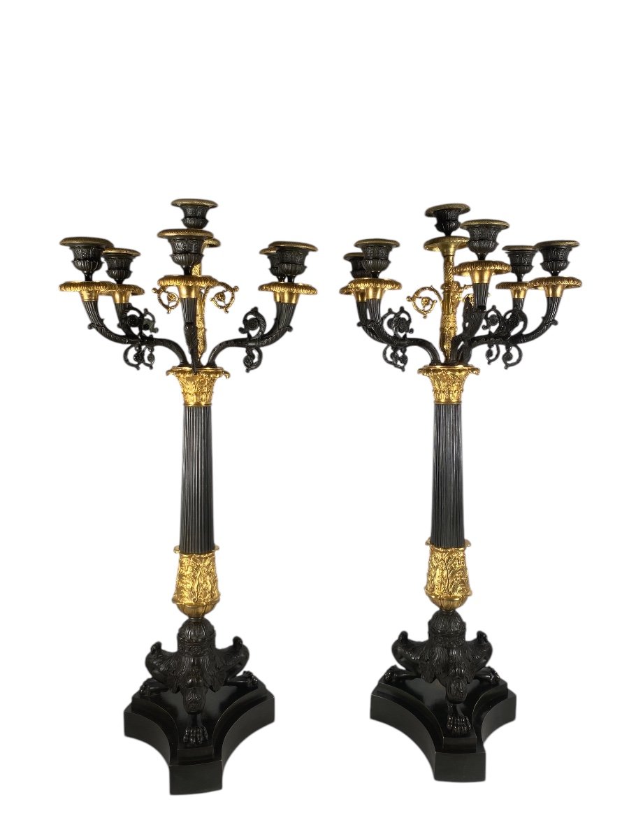 Pair Of Gilt Bronze Candelabras With Brown Patina From The Restoration Period