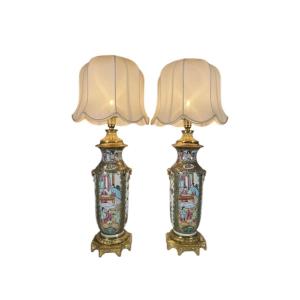 Pair Of Canton Porcelain And Gilt Bronze Lamps 