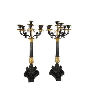 Pair Of Gilt Bronze Candelabras With Brown Patina From The Restoration Period