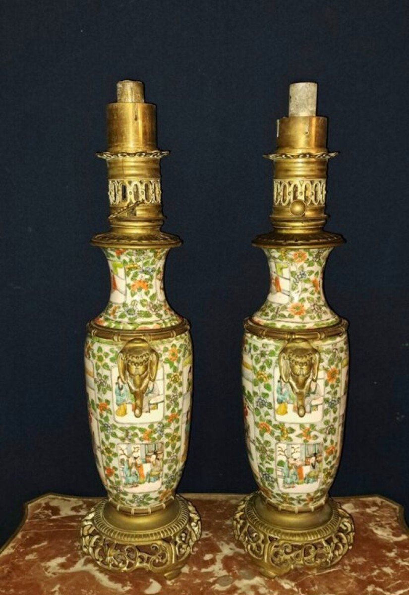 Pair Of Enameled Canton Porcelain Lamps. 19th Century -photo-2