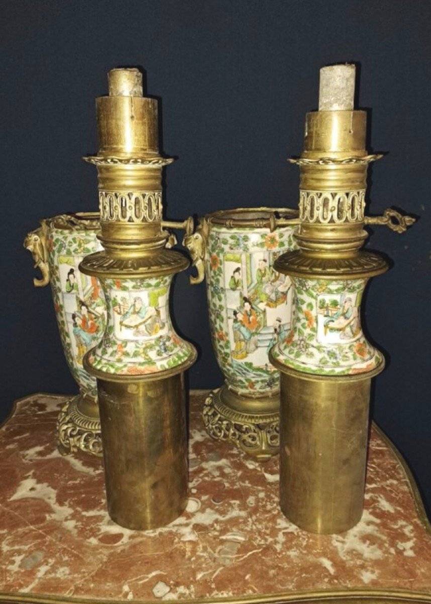 Pair Of Enameled Canton Porcelain Lamps. 19th Century -photo-3