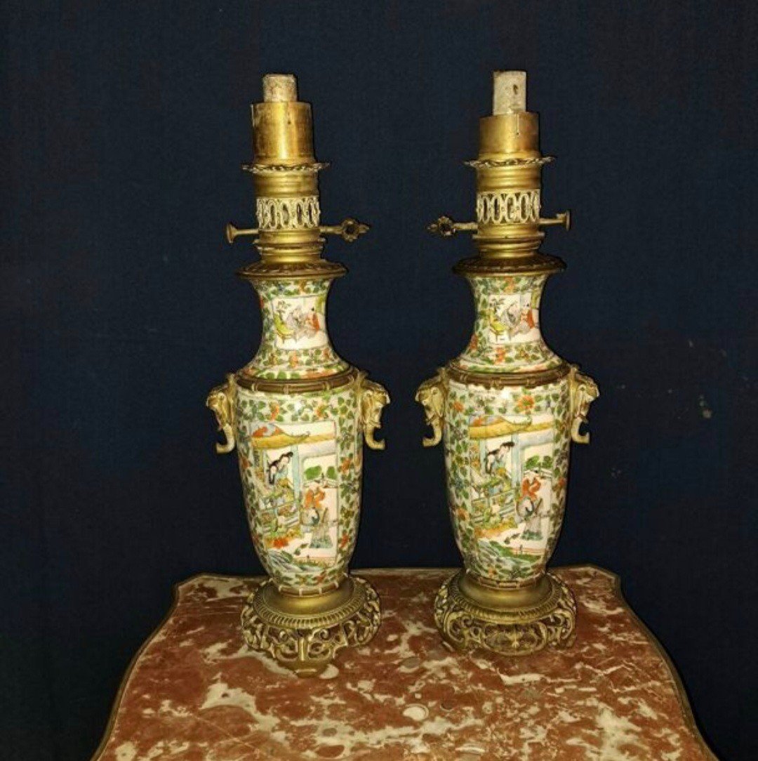 Pair Of Enameled Canton Porcelain Lamps. 19th Century 