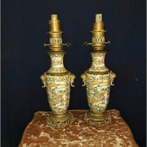 Pair Of Enameled Canton Porcelain Lamps. 19th Century 