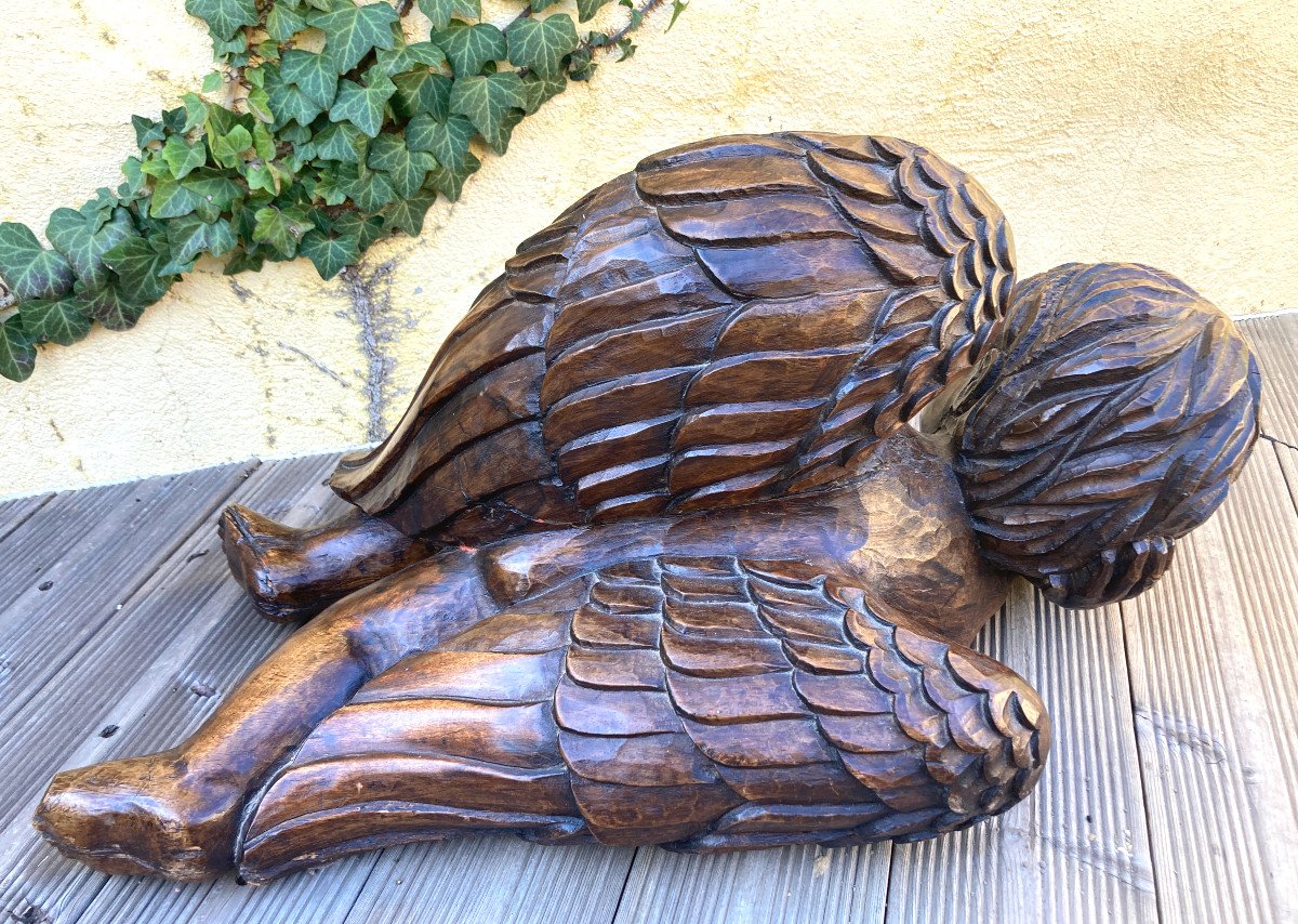 Reclining Angel Sculpture - Carved Wood-photo-2