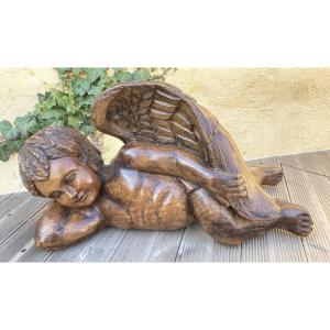 Reclining Angel Sculpture - Carved Wood