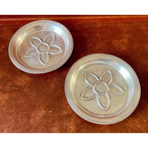 Two Rosette Decorated Bottle Coasters - Silver - Monogrammed Mb