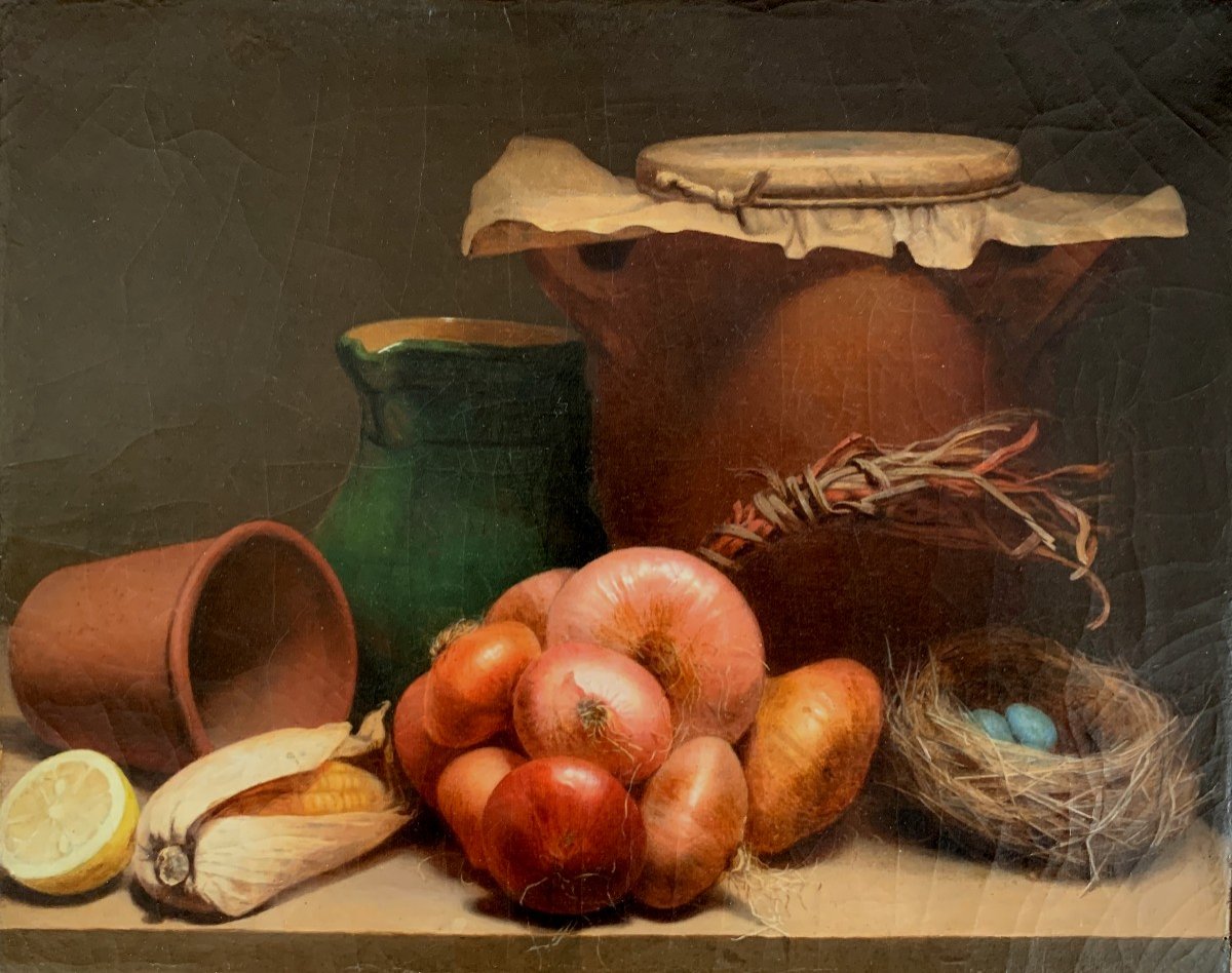 Ecole Française Fin Du XIXe Siècle, Nature Morte Aux Oignons, Huile Sur Toile, Cuisine