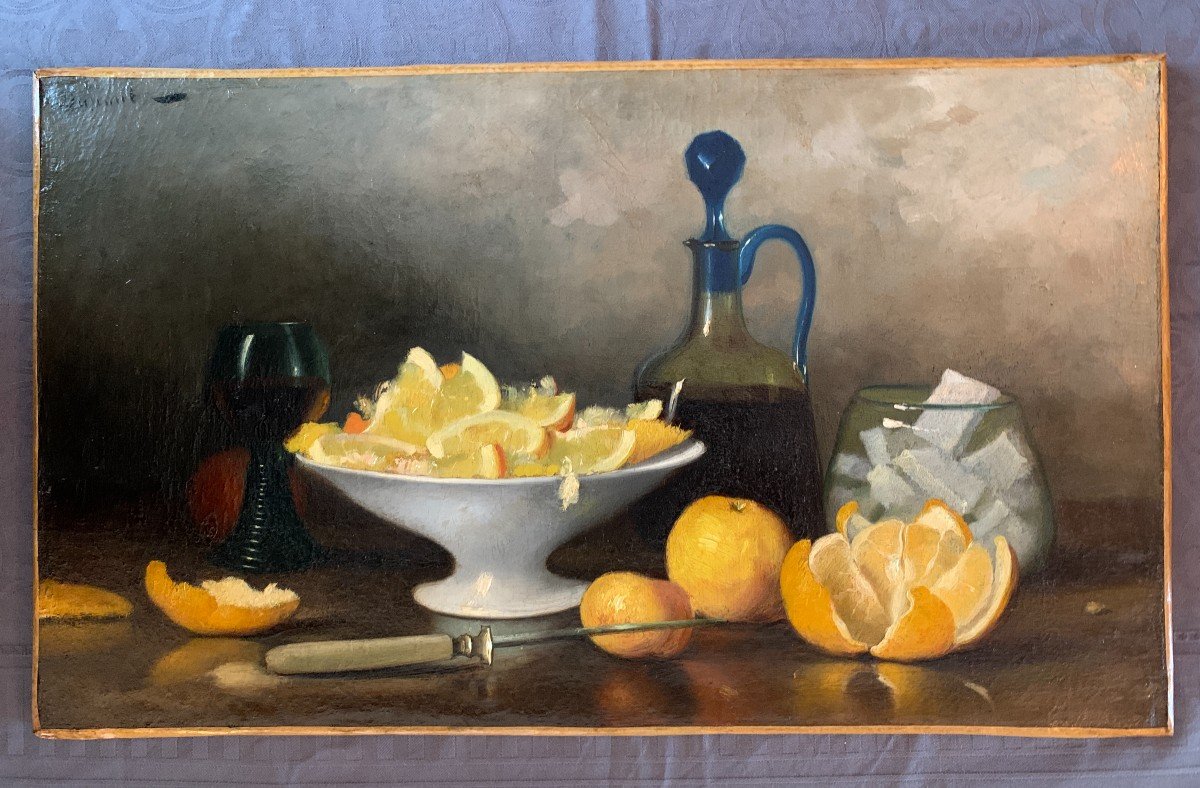 Dupont? Ecole Française Fin XIXe, Nature Morte Aux Agrumes Et à La Verrerie, Huile Sur Toile-photo-3