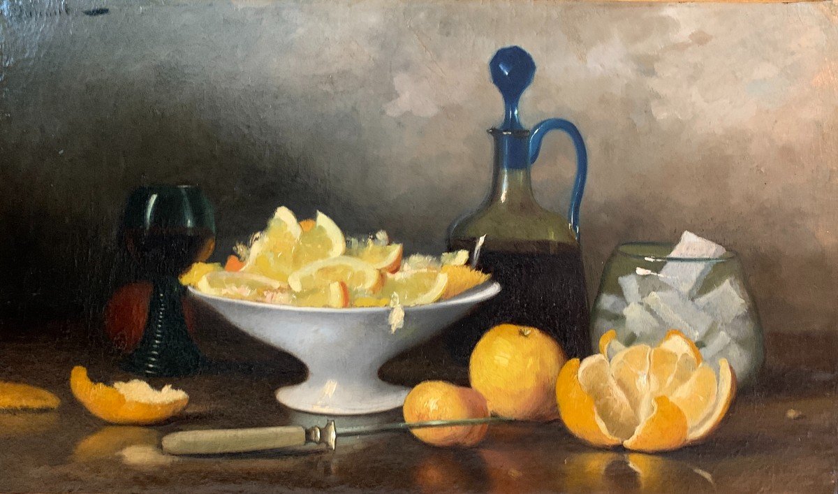 Dupont? Ecole Française Fin XIXe, Nature Morte Aux Agrumes Et à La Verrerie, Huile Sur Toile